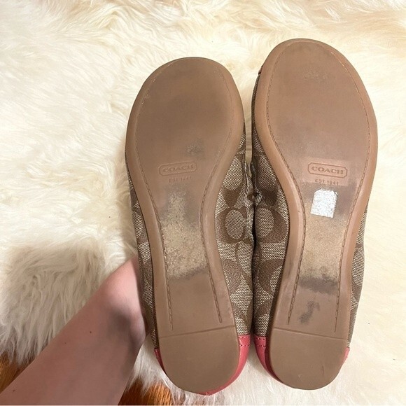 Coach Callie Signature Logo Red Leather & Khaki Fabric Ballet Flat Size 7.5 - Picture 6 of 9
